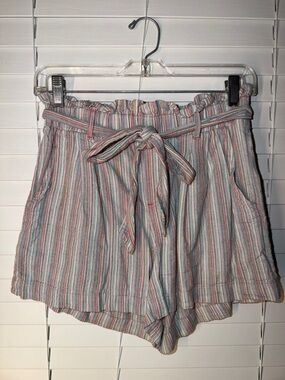 American Eagle Outfitters Striped Paperbag Waist Shorts - Pink, Blue, Cream